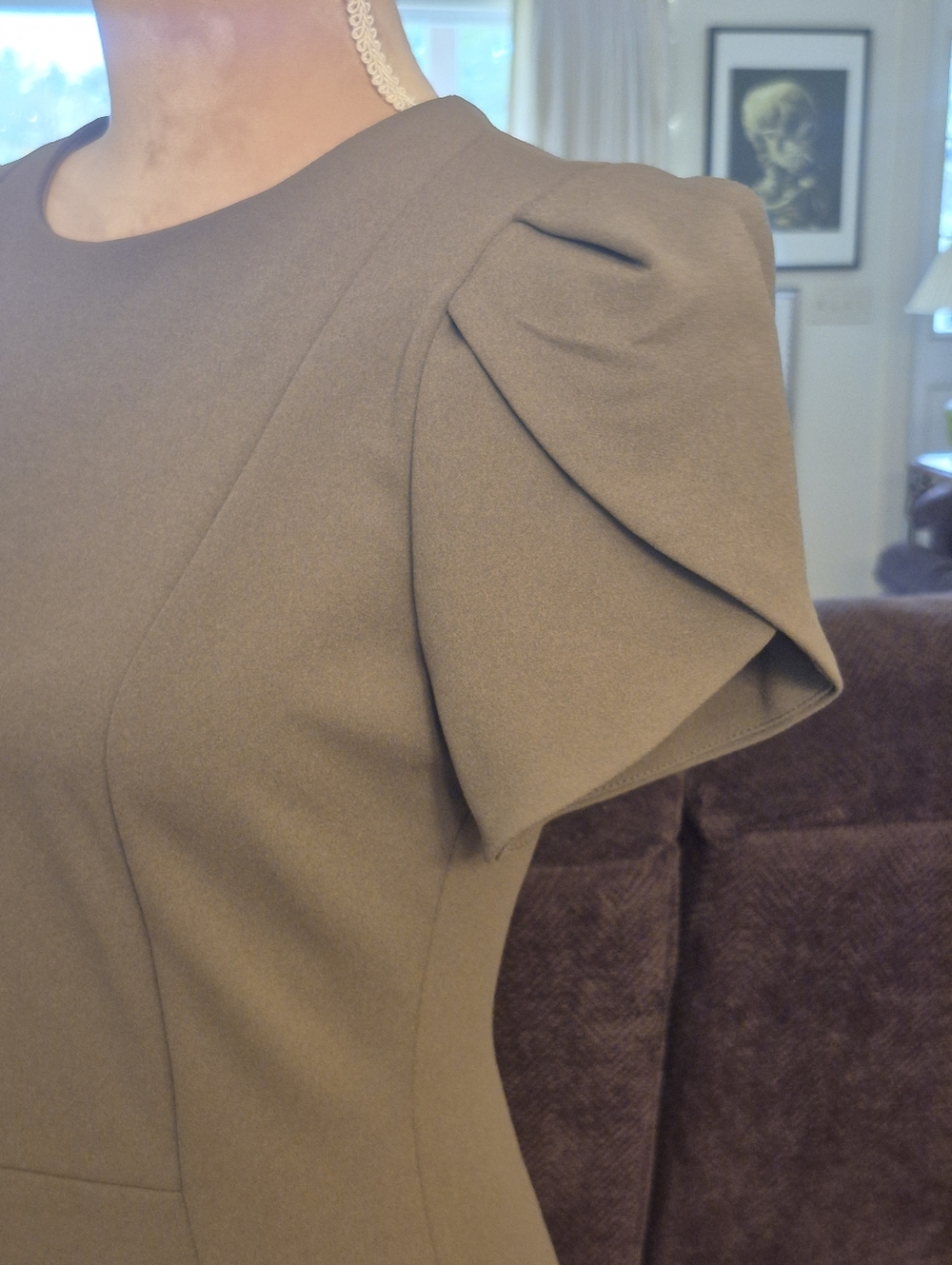 Calvin Klein Olive Green Puff Tulip Sleeve Sheath Dress Size 4 - Picture 3 of 10